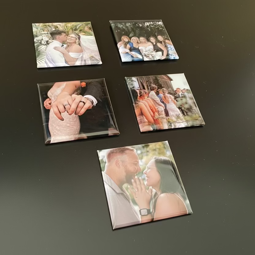 Five 2x2in magnets with featuring people at weddings and engagements 